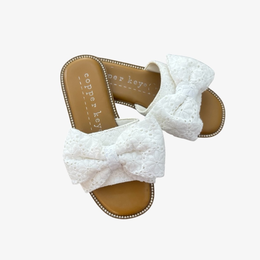 Copper Key White Eyelet Bow Slide Sandals 13